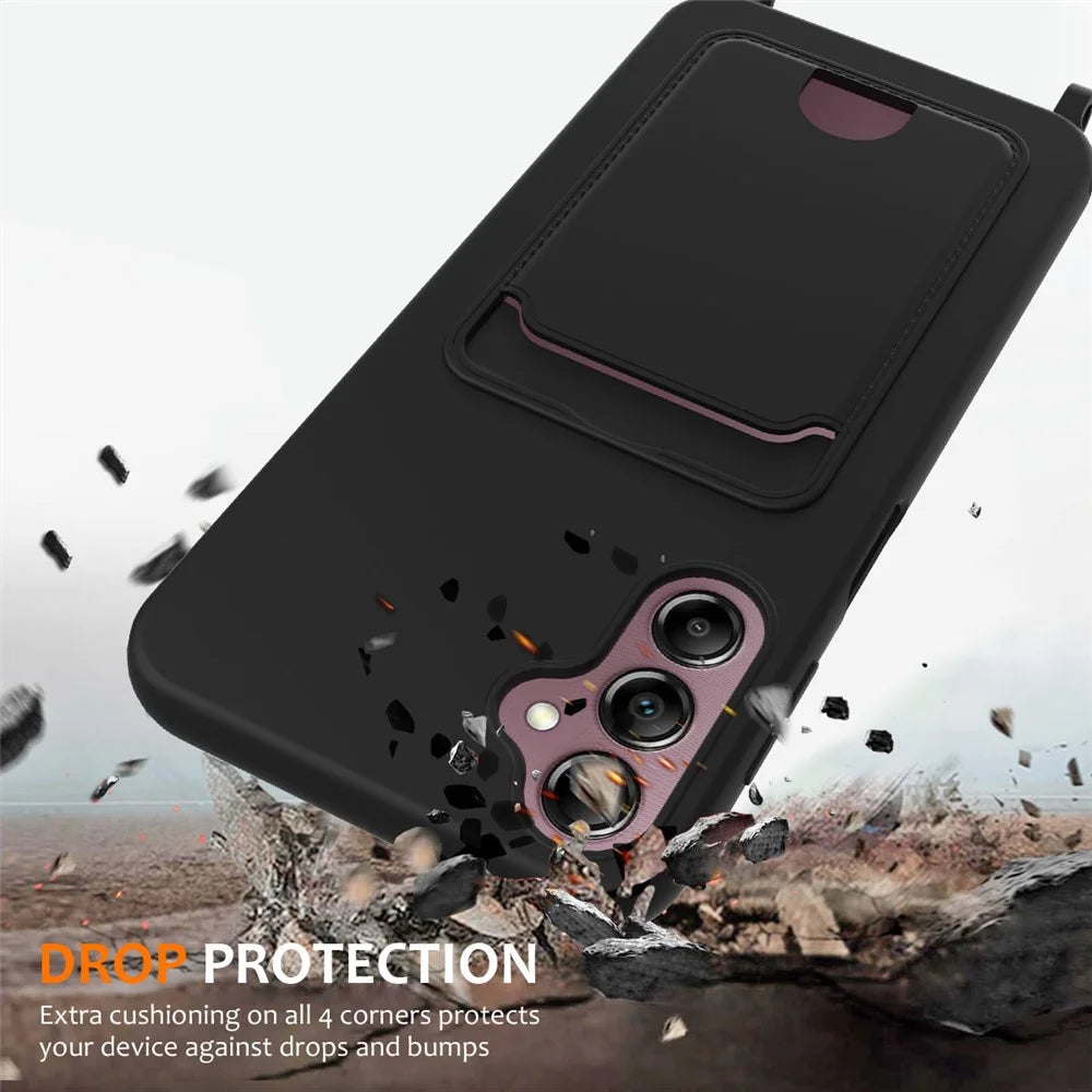 For Samsung Galaxy A16 5G / 4G Case Liquid Silicone Card Holder Phone Back Cover with Lanyard - Black - 3