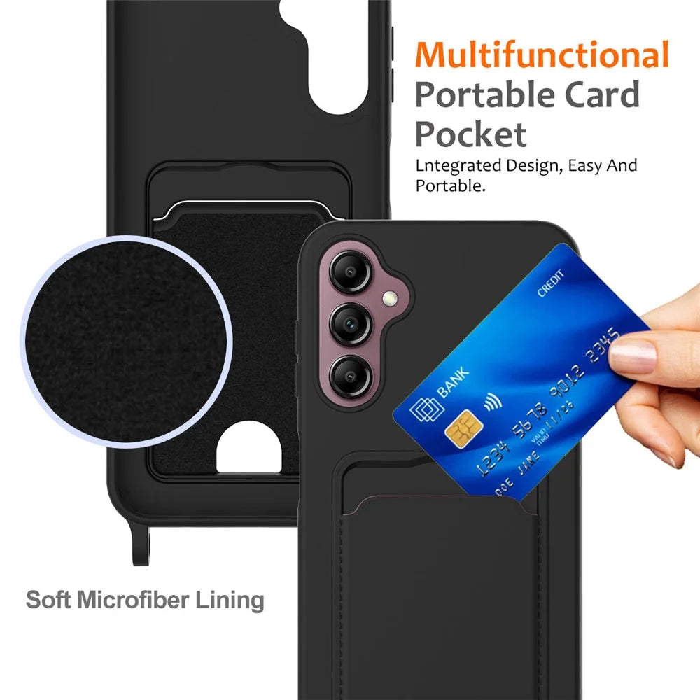 For Samsung Galaxy A16 5G / 4G Case Liquid Silicone Card Holder Phone Back Cover with Lanyard - Black - 5