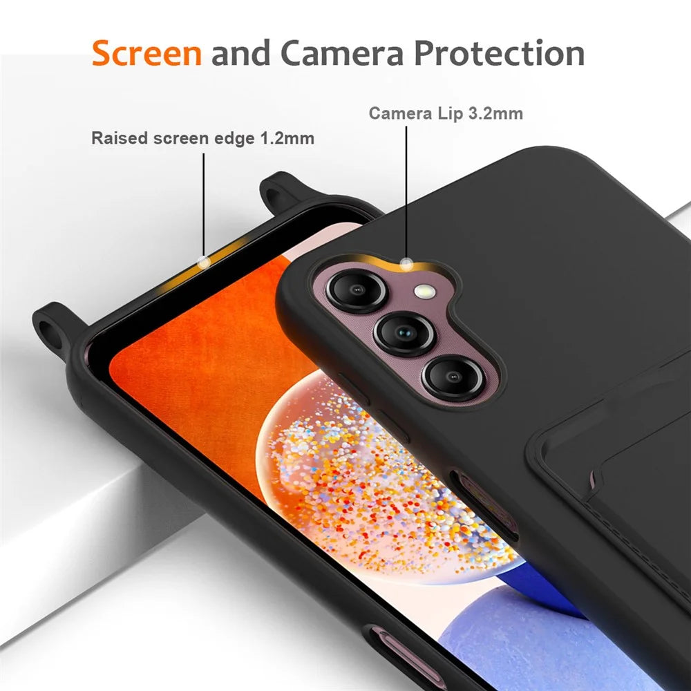 For Samsung Galaxy A16 5G / 4G Case Liquid Silicone Card Holder Phone Back Cover with Lanyard - Black - 6