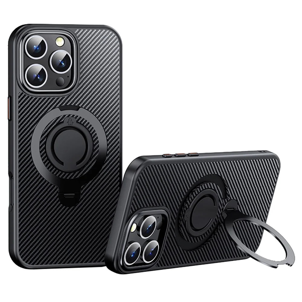 For iPhone 16 Pro Max Case Compatible with MagSafe Kickstand Carbon Fiber Texture PC+TPU Phone Cover with Silicone Ring - Black - 1