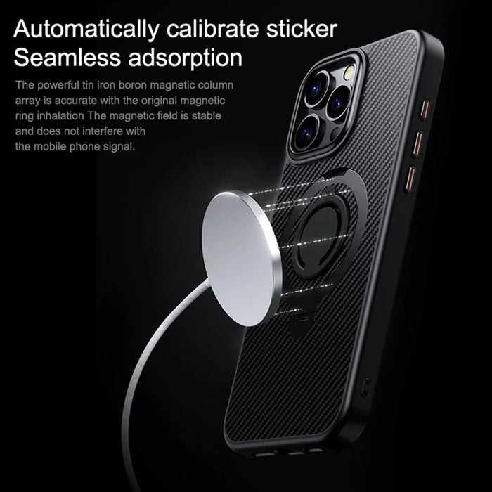 For iPhone 16 Pro Max Case Compatible with MagSafe Kickstand Carbon Fiber Texture PC+TPU Phone Cover with Silicone Ring - Black - 2