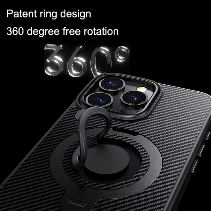 For iPhone 16 Pro Max Case Compatible with MagSafe Kickstand Carbon Fiber Texture PC+TPU Phone Cover with Silicone Ring - Black - 5