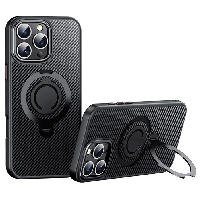 For iPhone 16 Pro Case Compatible with MagSafe Kickstand Carbon Fiber Texture PC+TPU Phone Cover with Silicone Ring - Black - 1