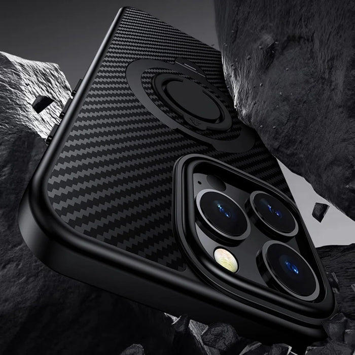 For iPhone 16 Pro Case Compatible with MagSafe Kickstand Carbon Fiber Texture PC+TPU Phone Cover with Silicone Ring - Black - 4