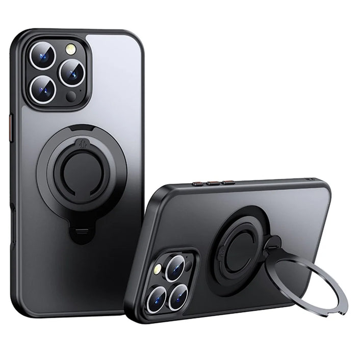 For iPhone 16 Pro Max Case Compatible with MagSafe Kickstand Translucent PC+TPU Phone Cover with Silicone Ring - Black - 1