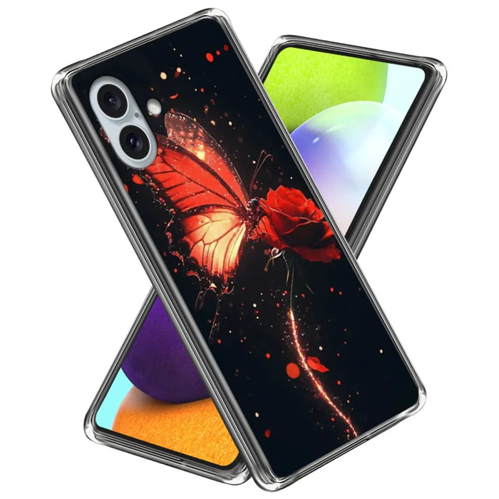 For iPhone 16 Case Pattern Printed Shockproof TPU Phone Cover - Red Butterfly Rose - 1
