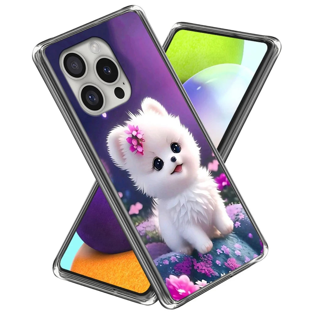 For iPhone 16 Pro Case Pattern Printed Shockproof TPU Phone Cover - White Puppy - 1