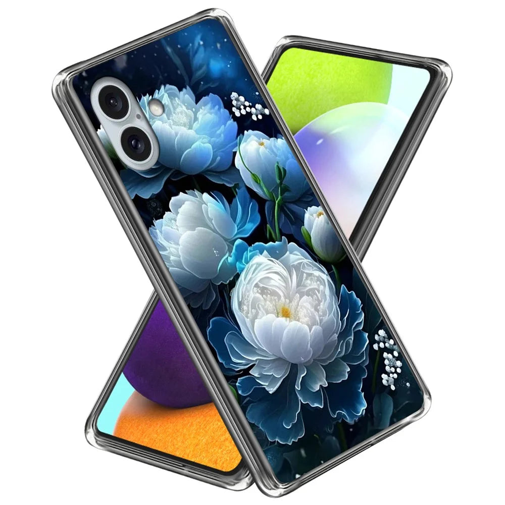 For iPhone 16 Plus Case Pattern Printed Shockproof TPU Phone Cover - White Peony - 1