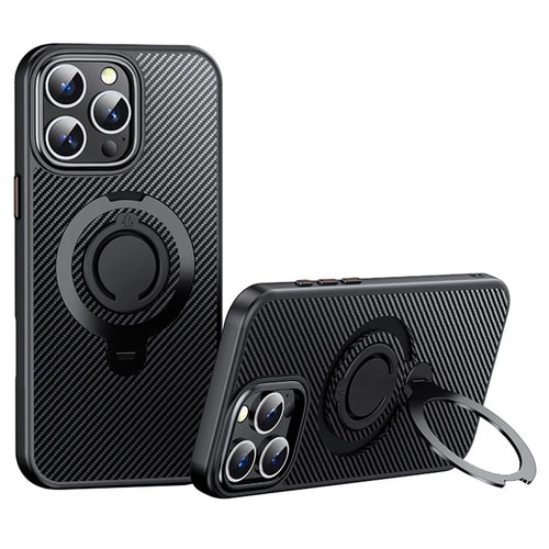 For iPhone 15 Pro Case Compatible with MagSafe Kickstand Carbon Fiber Texture PC+TPU Phone Cover with Silicone Ring - Black - 1