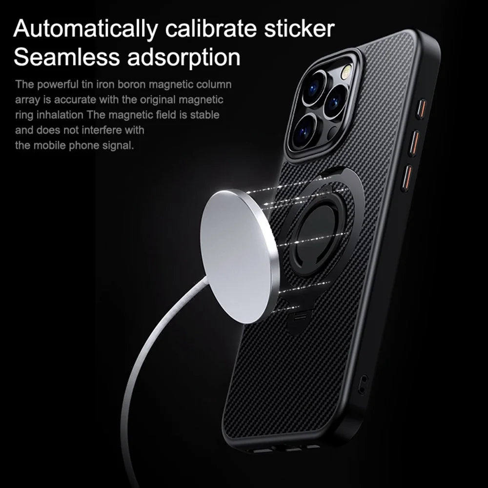 For iPhone 15 Pro Case Compatible with MagSafe Kickstand Carbon Fiber Texture PC+TPU Phone Cover with Silicone Ring - Black - 2