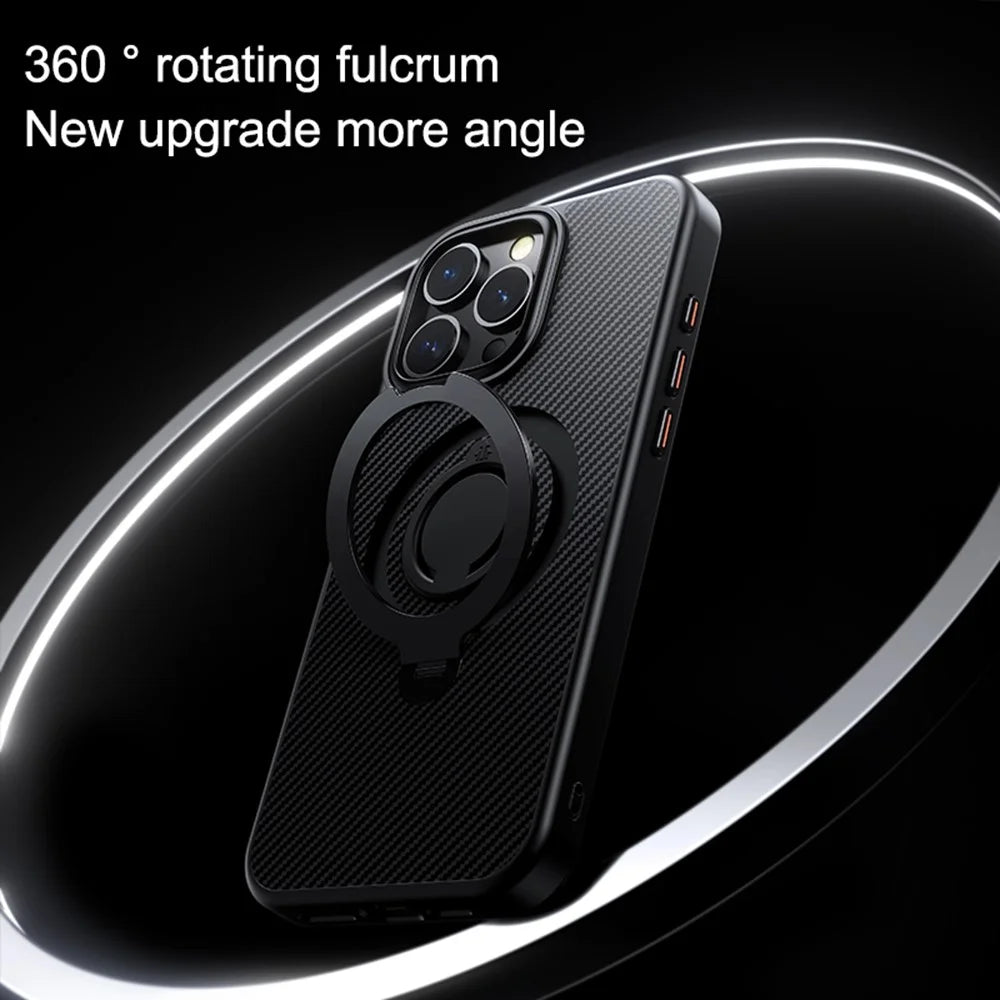 For iPhone 15 Pro Case Compatible with MagSafe Kickstand Carbon Fiber Texture PC+TPU Phone Cover with Silicone Ring - Black - 3