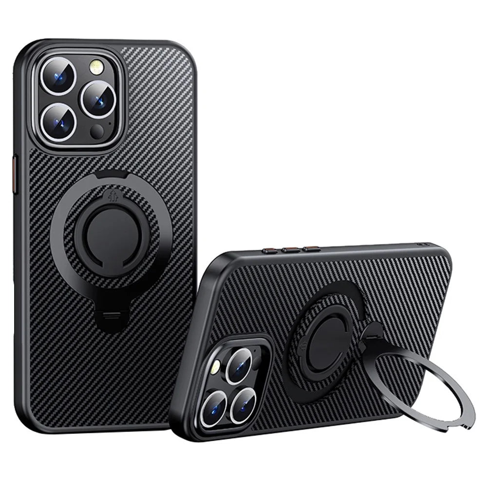 For iPhone 15 Pro Max Case Compatible with MagSafe Kickstand Carbon Fiber Texture PC+TPU Phone Cover with Silicone Ring - Black - 1