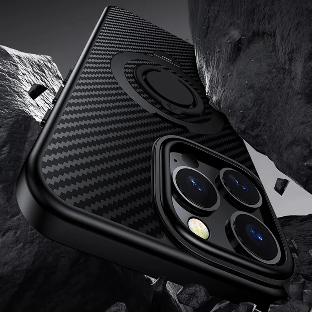 For iPhone 15 Pro Max Case Compatible with MagSafe Kickstand Carbon Fiber Texture PC+TPU Phone Cover with Silicone Ring - Black - 4