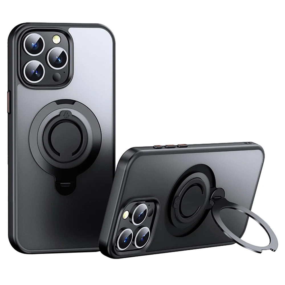 For iPhone 15 Pro Case Compatible with MagSafe Kickstand Translucent PC+TPU Phone Cover with Silicone Ring - Black - 1