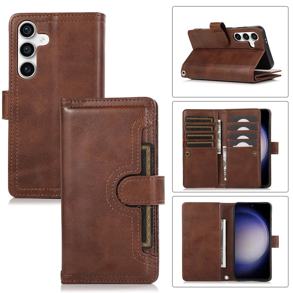 For Samsung Galaxy S25+ Case Split Leather Magnetic Wallet Phone Protector with Wrist Strap - Coffee - 1