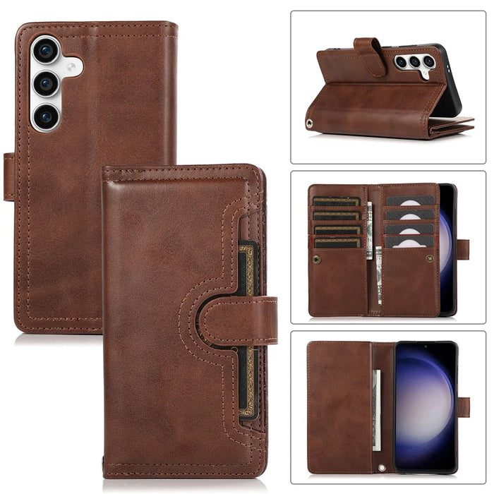 For Samsung Galaxy S25+ Case Split Leather Magnetic Wallet Phone Protector with Wrist Strap - Coffee - 1
