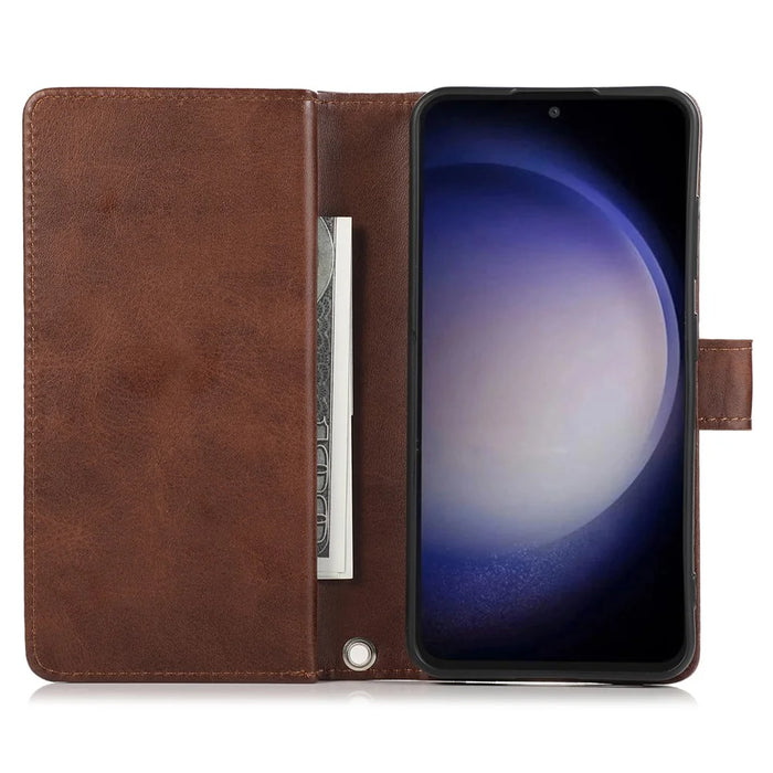 For Samsung Galaxy S25+ Case Split Leather Magnetic Wallet Phone Protector with Wrist Strap - Coffee - 2