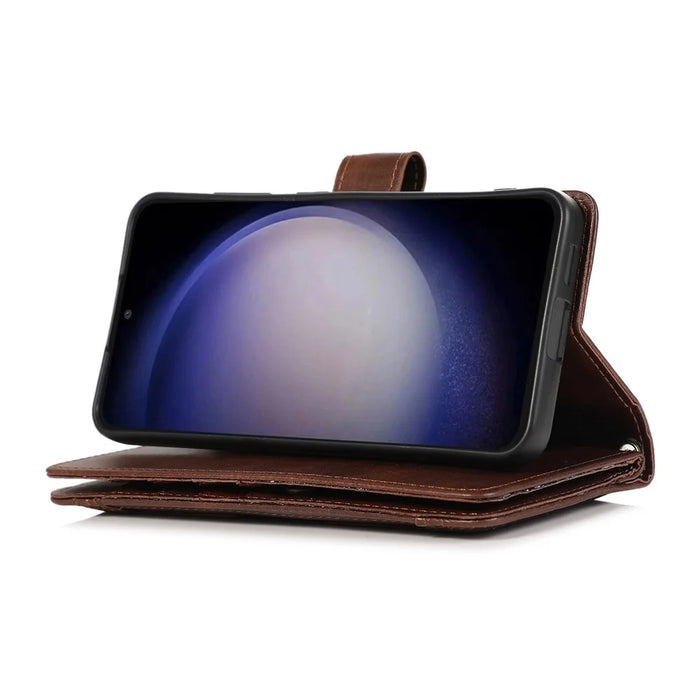 For Samsung Galaxy S25+ Case Split Leather Magnetic Wallet Phone Protector with Wrist Strap - Coffee - 4