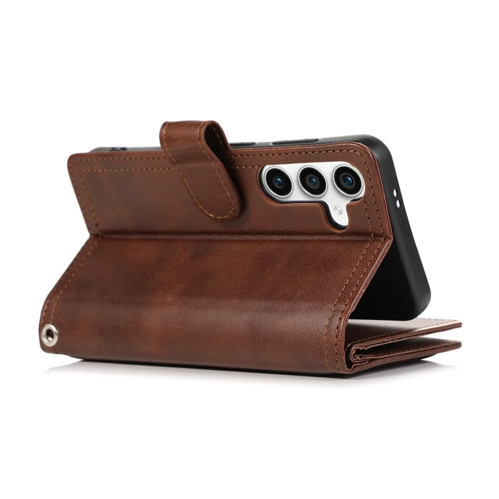For Samsung Galaxy S25+ Case Split Leather Magnetic Wallet Phone Protector with Wrist Strap - Coffee - 5