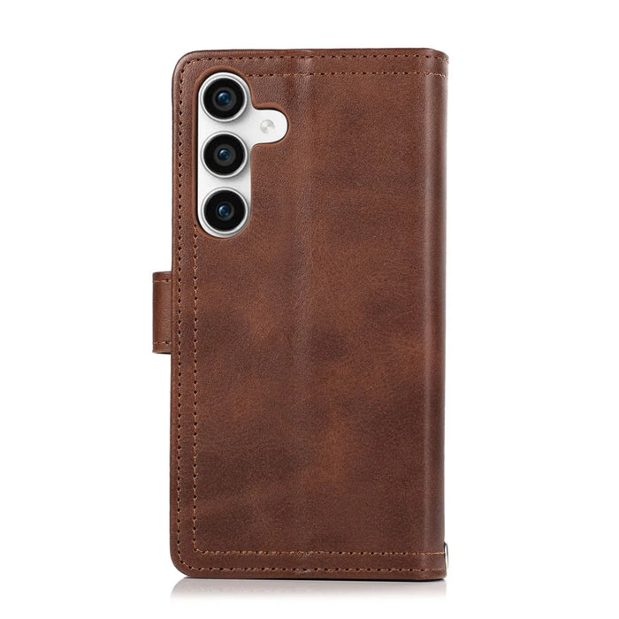 For Samsung Galaxy S25+ Case Split Leather Magnetic Wallet Phone Protector with Wrist Strap - Coffee - 7