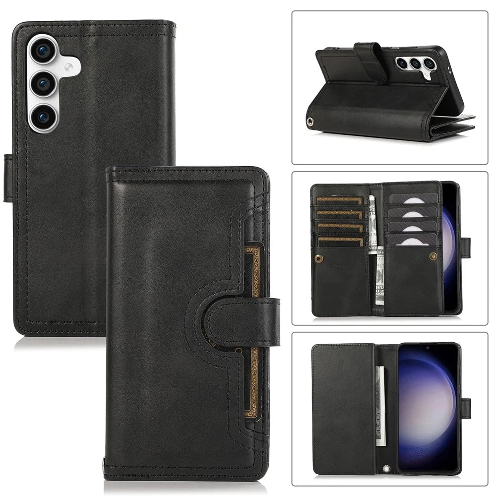 For Samsung Galaxy S25 Case Split Leather Magnetic Wallet Phone Protector with Wrist Strap - Black - 1