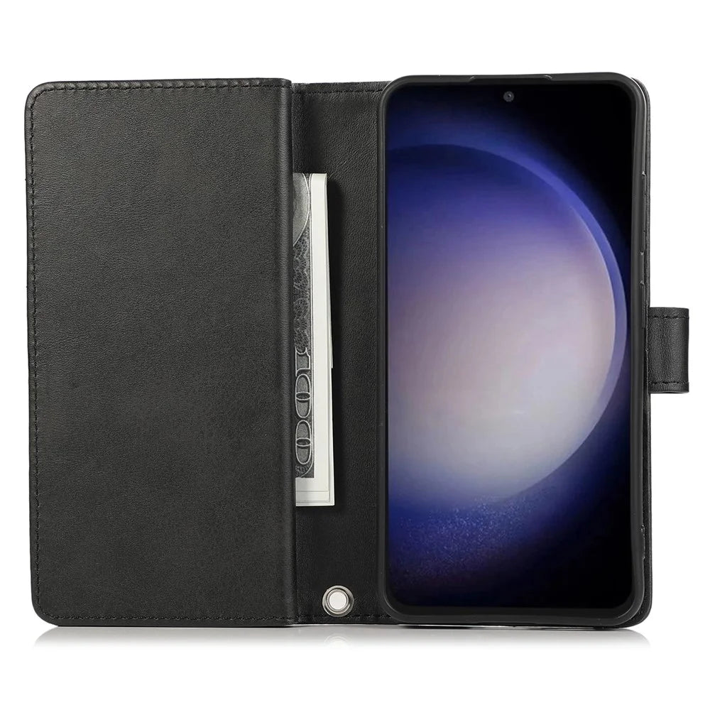 For Samsung Galaxy S25 Case Split Leather Magnetic Wallet Phone Protector with Wrist Strap - Black - 2
