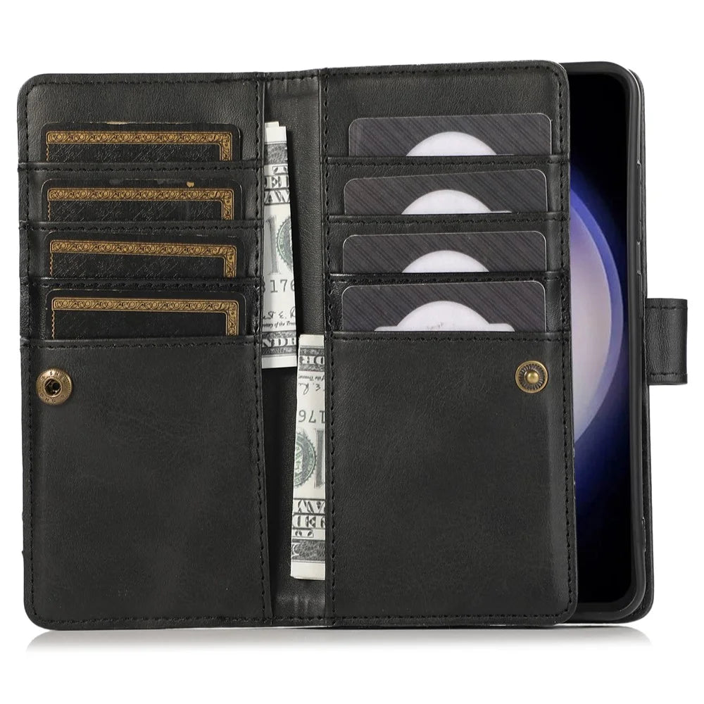 For Samsung Galaxy S25 Case Split Leather Magnetic Wallet Phone Protector with Wrist Strap - Black - 3