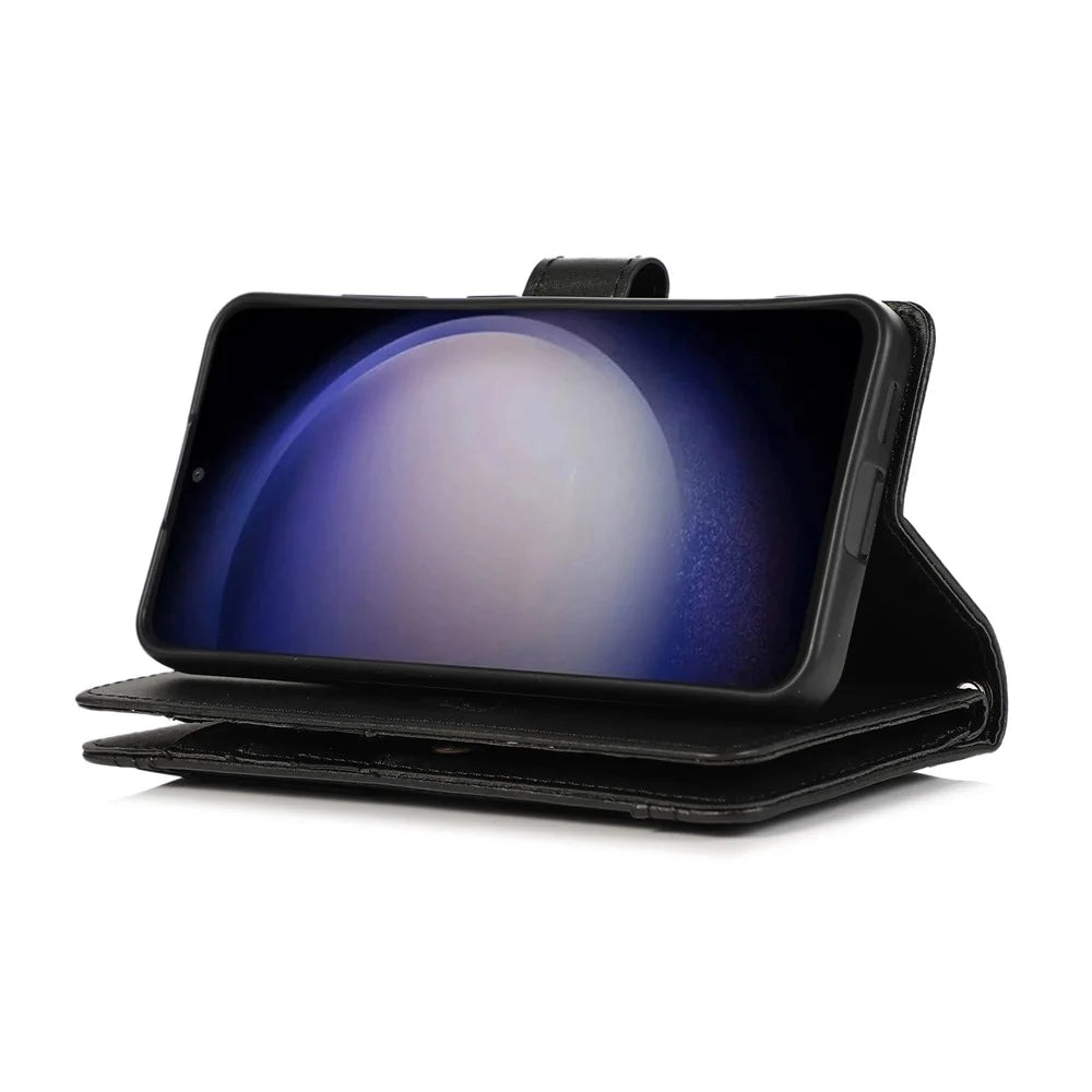 For Samsung Galaxy S25 Case Split Leather Magnetic Wallet Phone Protector with Wrist Strap - Black - 4