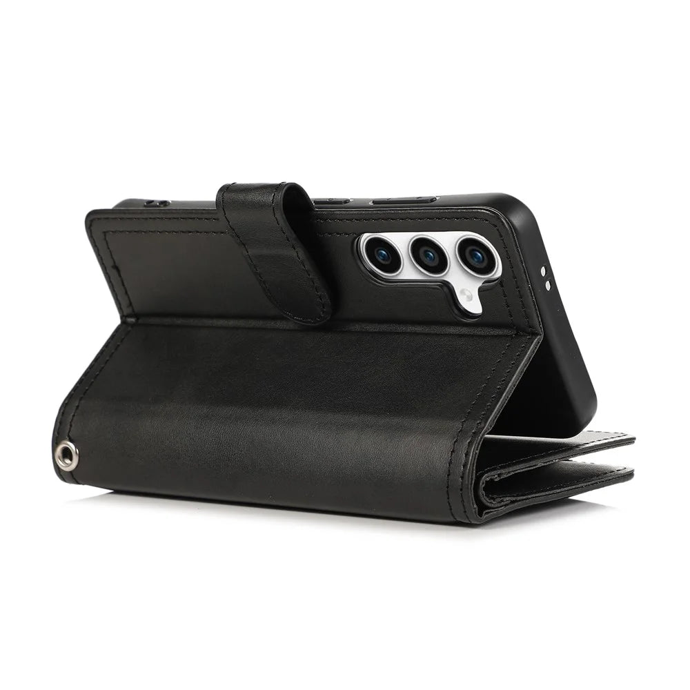 For Samsung Galaxy S25 Case Split Leather Magnetic Wallet Phone Protector with Wrist Strap - Black - 5