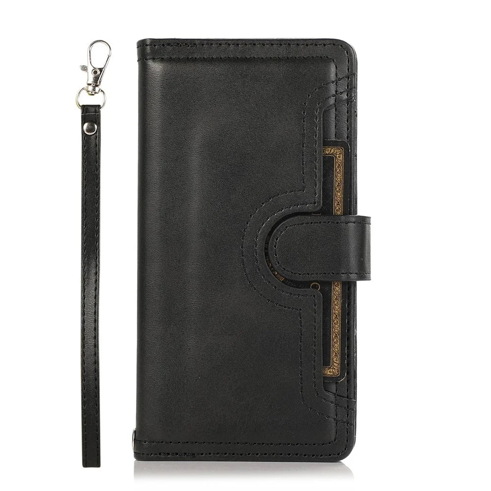 For Samsung Galaxy S25 Case Split Leather Magnetic Wallet Phone Protector with Wrist Strap - Black - 6