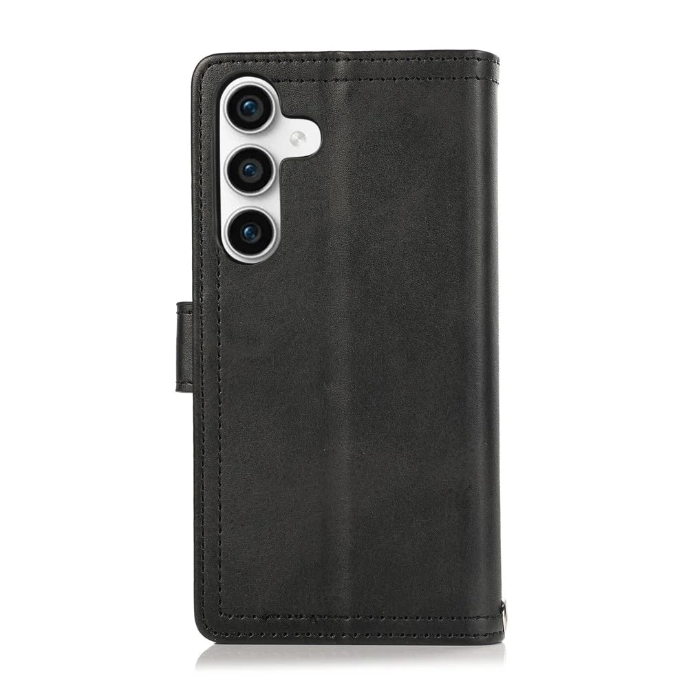 For Samsung Galaxy S25 Case Split Leather Magnetic Wallet Phone Protector with Wrist Strap - Black - 7