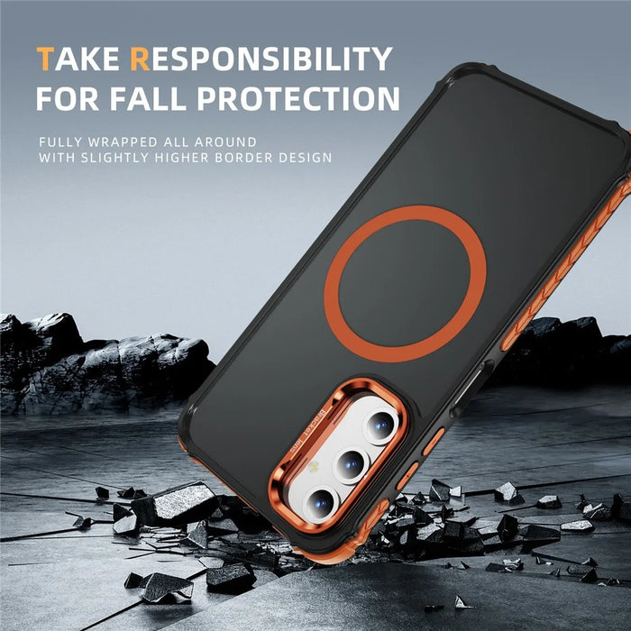 For Samsung Galaxy A25 5G (Global) (161mm) Case with Lens Kickstand Matte Back Cover Magnetic Case - Orange - 5