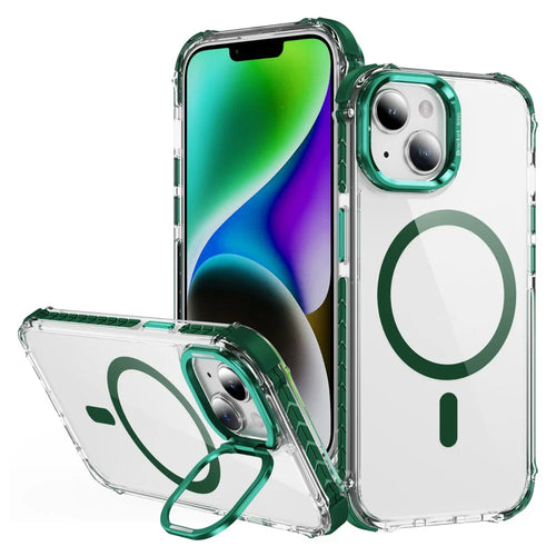 For iPhone 14 / 13 Clear Phone Case with Lens Kickstand Cover Compatible with MagSafe - Green - 1