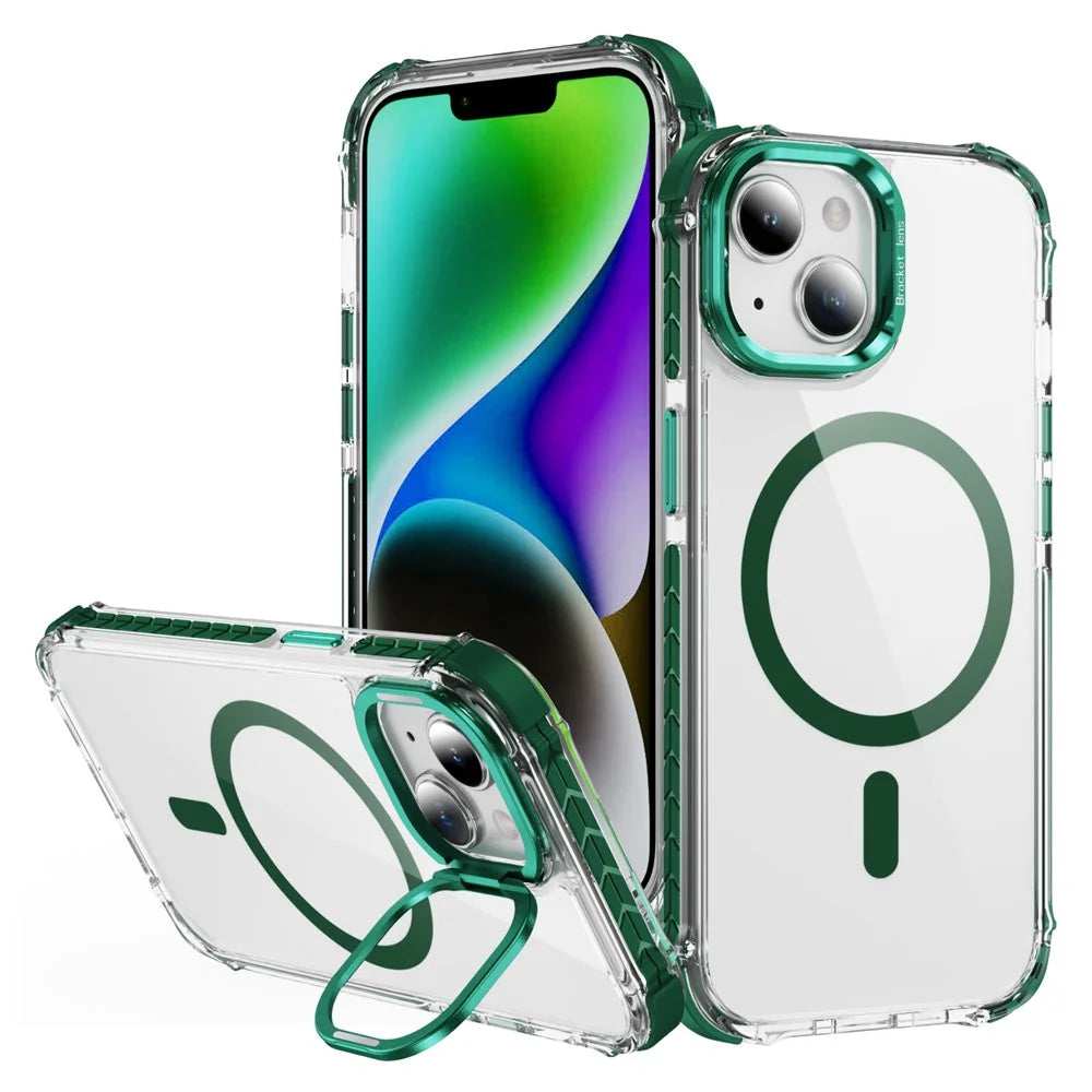 For iPhone 14 / 13 Clear Phone Case with Lens Kickstand Cover Compatible with MagSafe - Green - 1