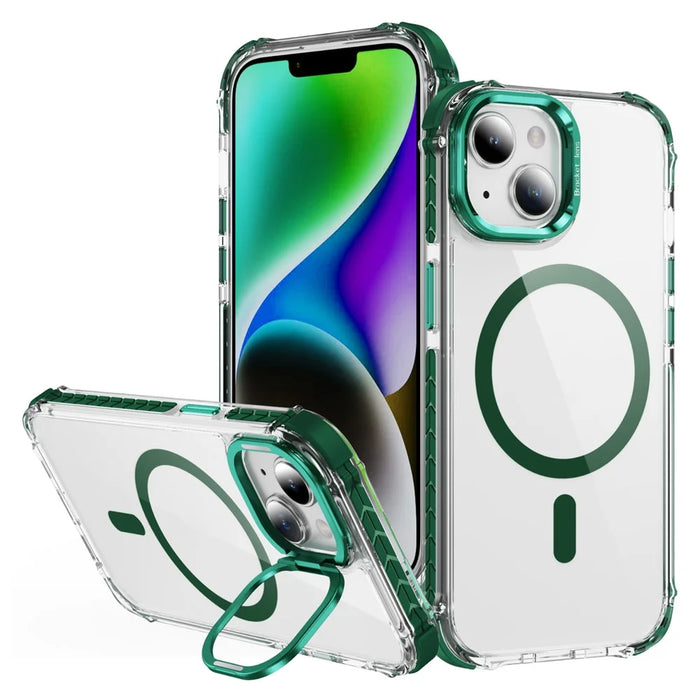 For iPhone 14 / 13 Clear Phone Case with Lens Kickstand Cover Compatible with MagSafe - Green - 1