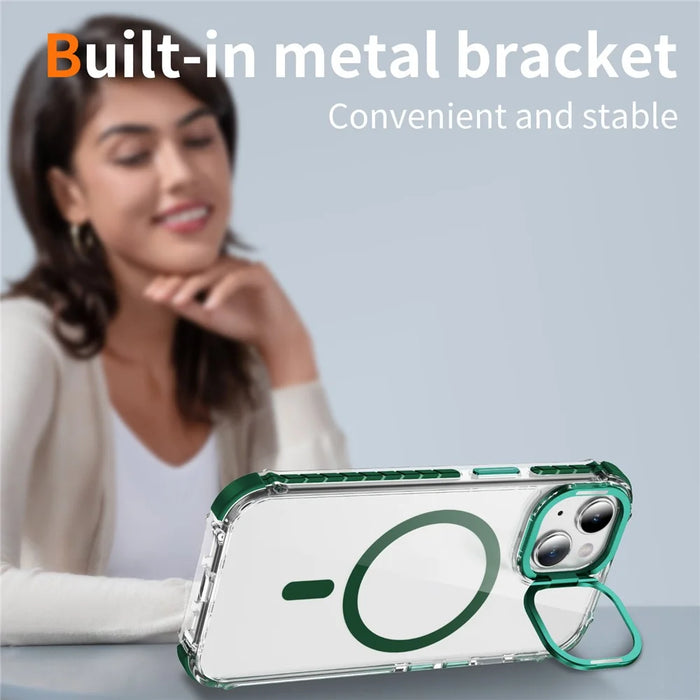 For iPhone 14 / 13 Clear Phone Case with Lens Kickstand Cover Compatible with MagSafe - Green - 2