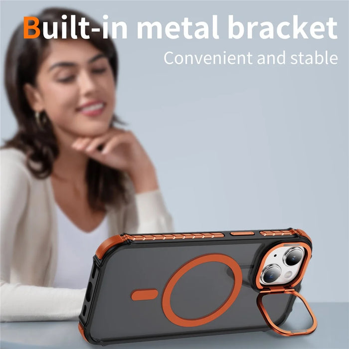 For iPhone 14 / 13 Case with Lens Kickstand Matte Back Cover Compatible with MagSafe - Orange - 2