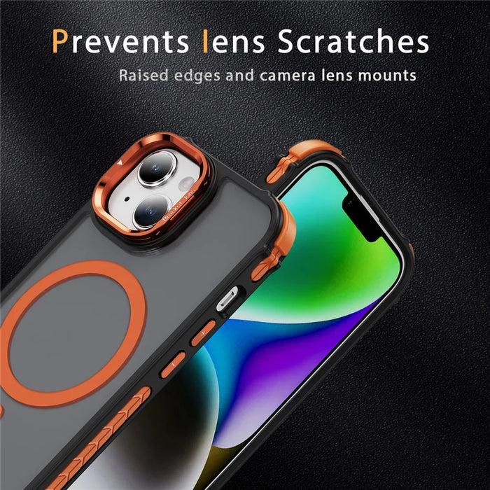 For iPhone 14 / 13 Case with Lens Kickstand Matte Back Cover Compatible with MagSafe - Orange - 5