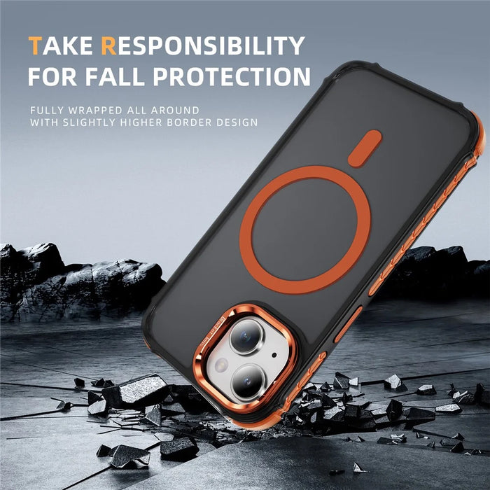 For iPhone 14 / 13 Case with Lens Kickstand Matte Back Cover Compatible with MagSafe - Orange - 6