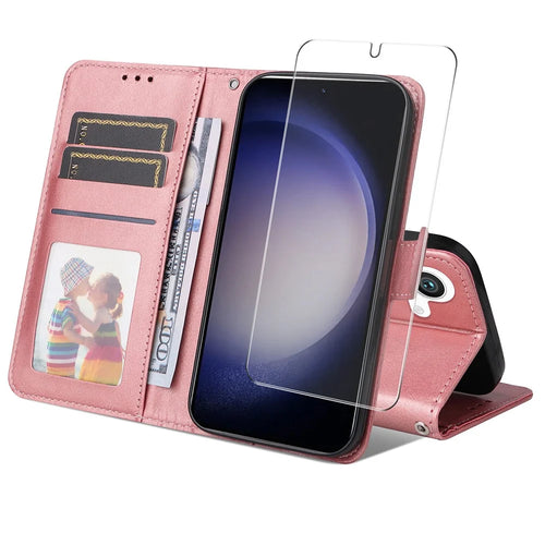 ENKAY For Samsung Galaxy S24 / Galaxy S25 PU Leather Wallet Case  HAT PRINCE Phone Stand Cover with Tempered Glass - Pink - 1