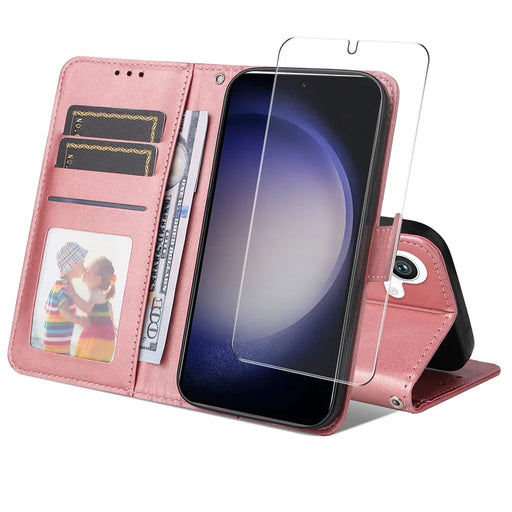 ENKAY For Samsung Galaxy S24+ / Galaxy S25+ PU Leather Wallet Case  HAT PRINCE Phone Stand Cover with Tempered Glass - Pink - 1