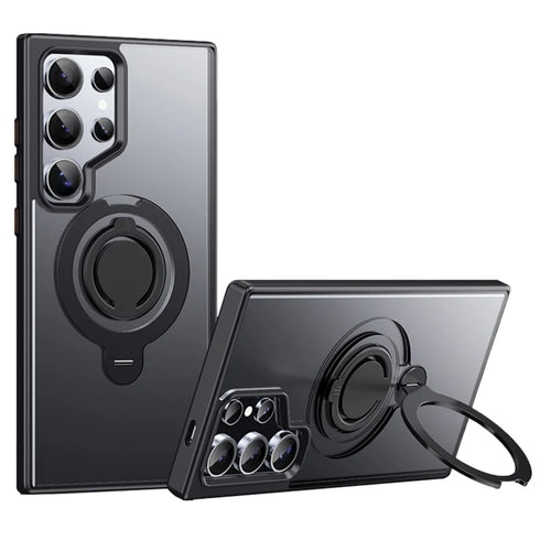 For Samsung Galaxy S24 Ultra Magnetic Case Kickstand Matte PC+TPU Phone Cover with Silicone Ring - Black - 1