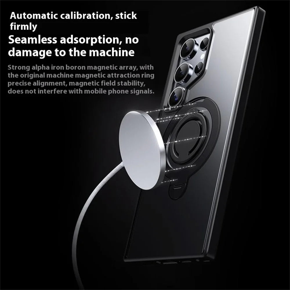 For Samsung Galaxy S24 Ultra Magnetic Case Kickstand Matte PC+TPU Phone Cover with Silicone Ring - Black - 6