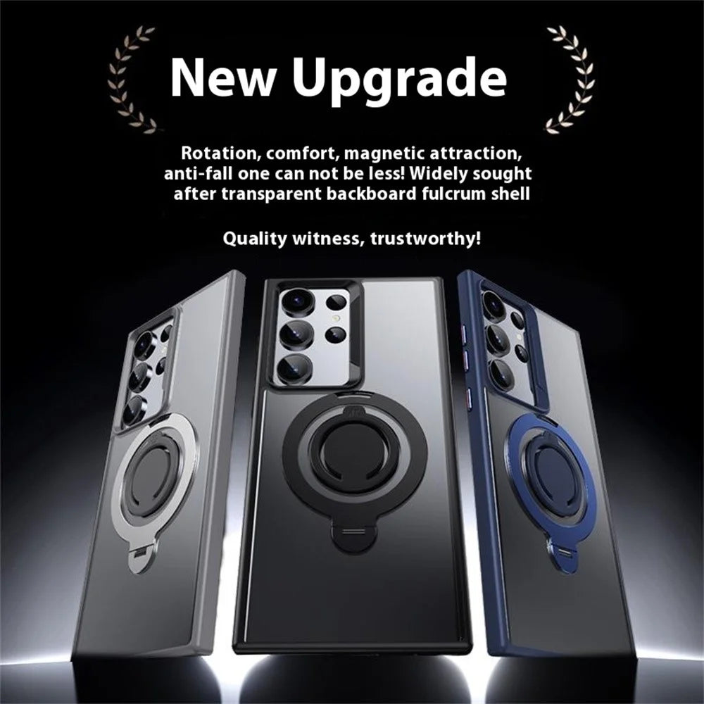 For Samsung Galaxy S23 Ultra Magnetic Case Kickstand Matte PC+TPU Phone Cover with Silicone Ring - Black - 6