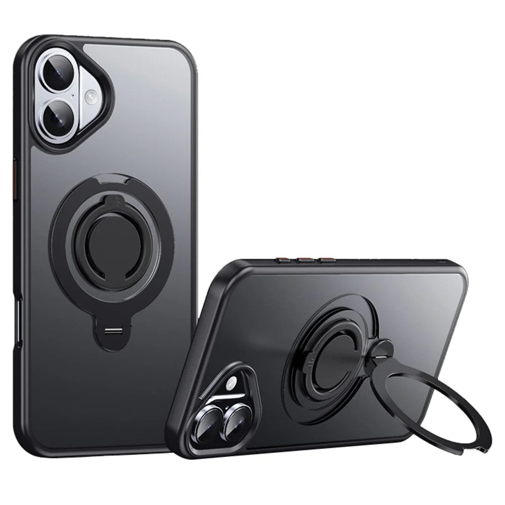 For iPhone 16 Plus Case Compatible with MagSafe Kickstand Matte PC+TPU Phone Cover with Silicone Ring - Black - 1