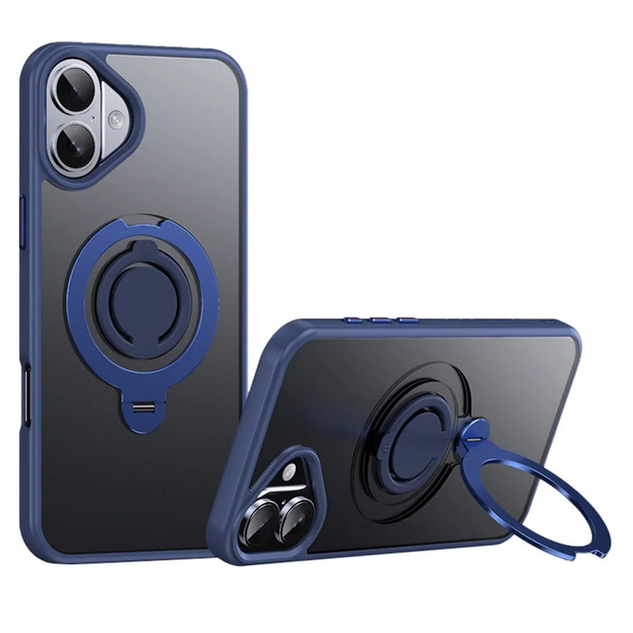 For iPhone 16 Case Compatible with MagSafe Kickstand Matte PC+TPU Phone Cover with Silicone Ring - Blue - 1