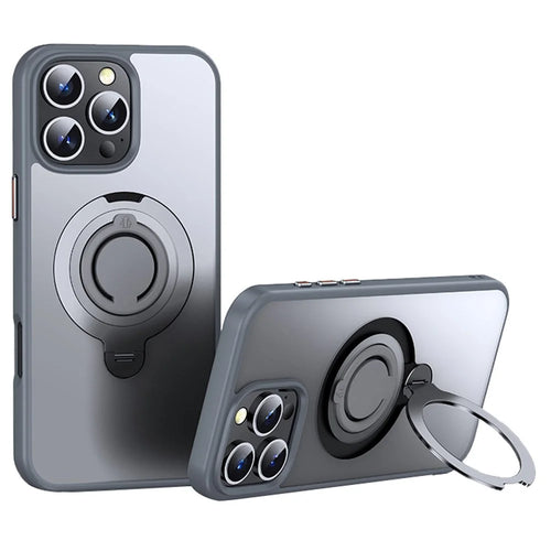 For iPhone 16 Pro Case Compatible with MagSafe Kickstand Matte PC+TPU Phone Cover with Silicone Ring - Grey - 1