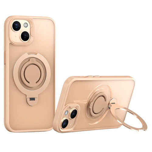 For iPhone 15 Case Compatible with MagSafe Kickstand Matte PC+TPU Phone Cover with Silicone Ring - Gold - 1
