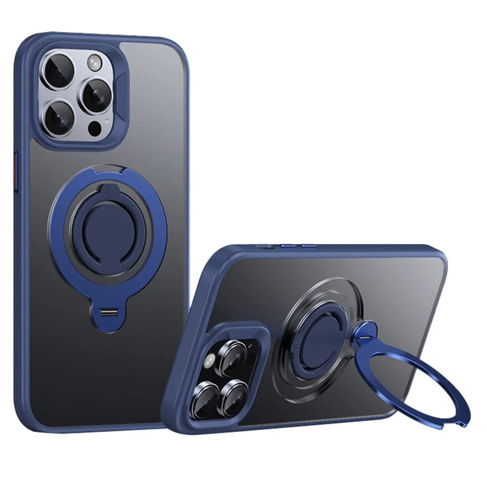 For iPhone 15 Pro Case Compatible with MagSafe Kickstand Matte PC+TPU Phone Cover with Silicone Ring - Blue - 1