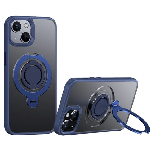 For iPhone 14 Case Compatible with MagSafe Kickstand Matte PC+TPU Phone Cover with Silicone Ring - Blue - 1